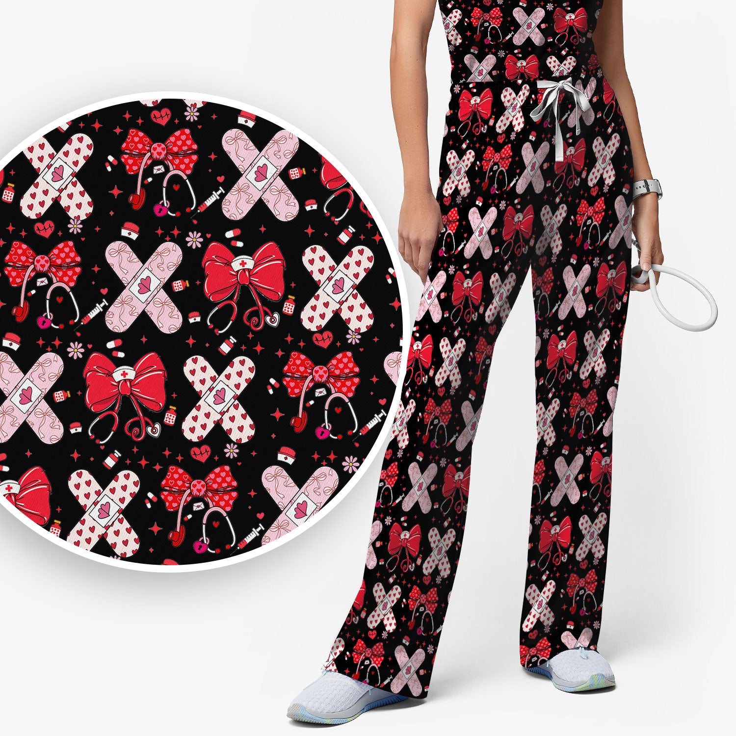Valentine Nurse Scrub Set, Red Bow And Heart Bandage Pattern Medical Shirt, Breathable Fabrics Nursing Uniform