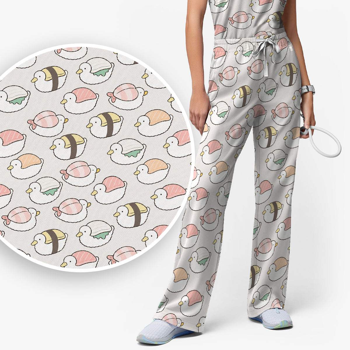Cute Nigiri Sushi Ducks Pattern Scrub Set, Scrub Pants and V Neck Top