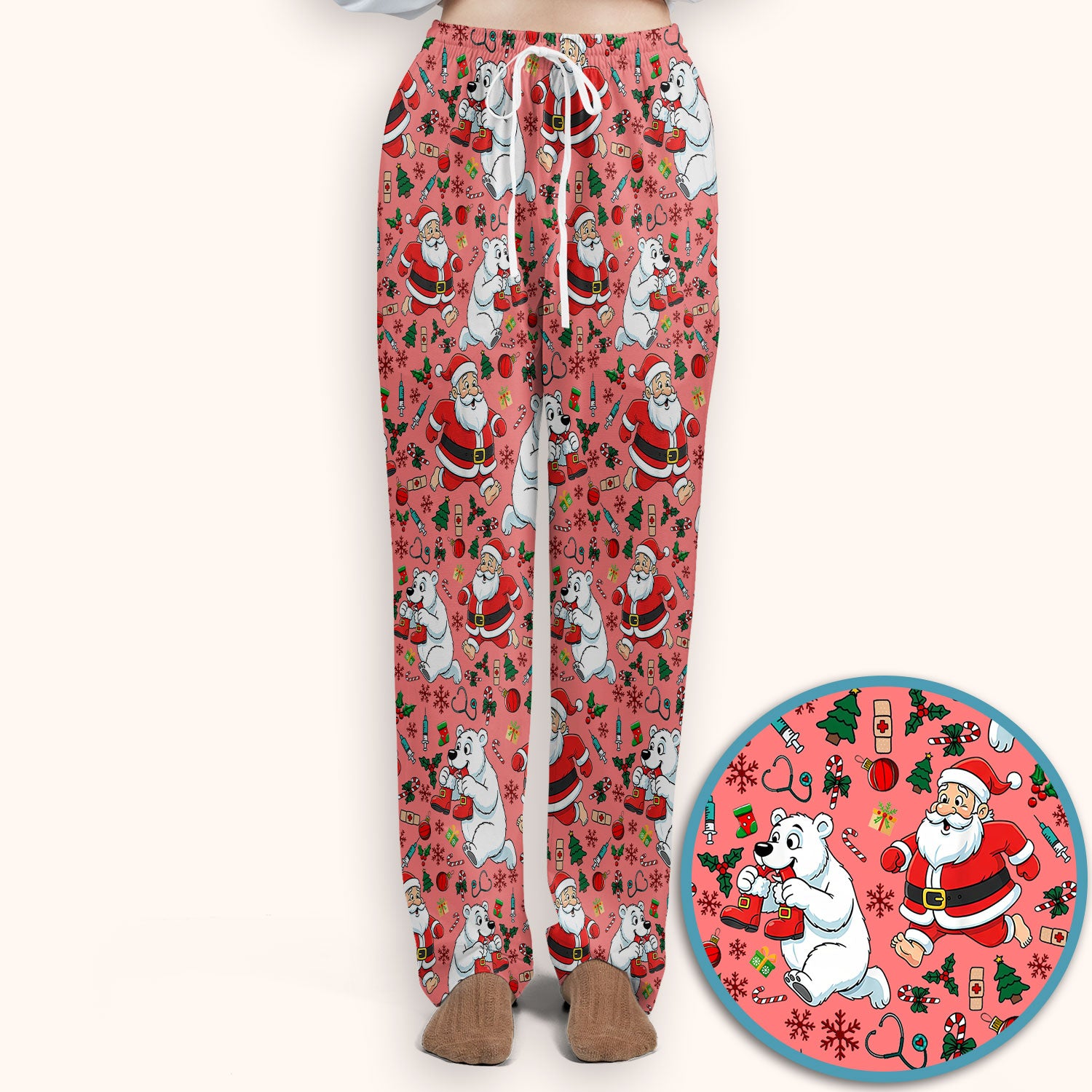 Christmas Santa & Polar Bear Scrub Set - Funny Holiday Nursing Pants and V Neck Top - Cute Winter Medical Uniform