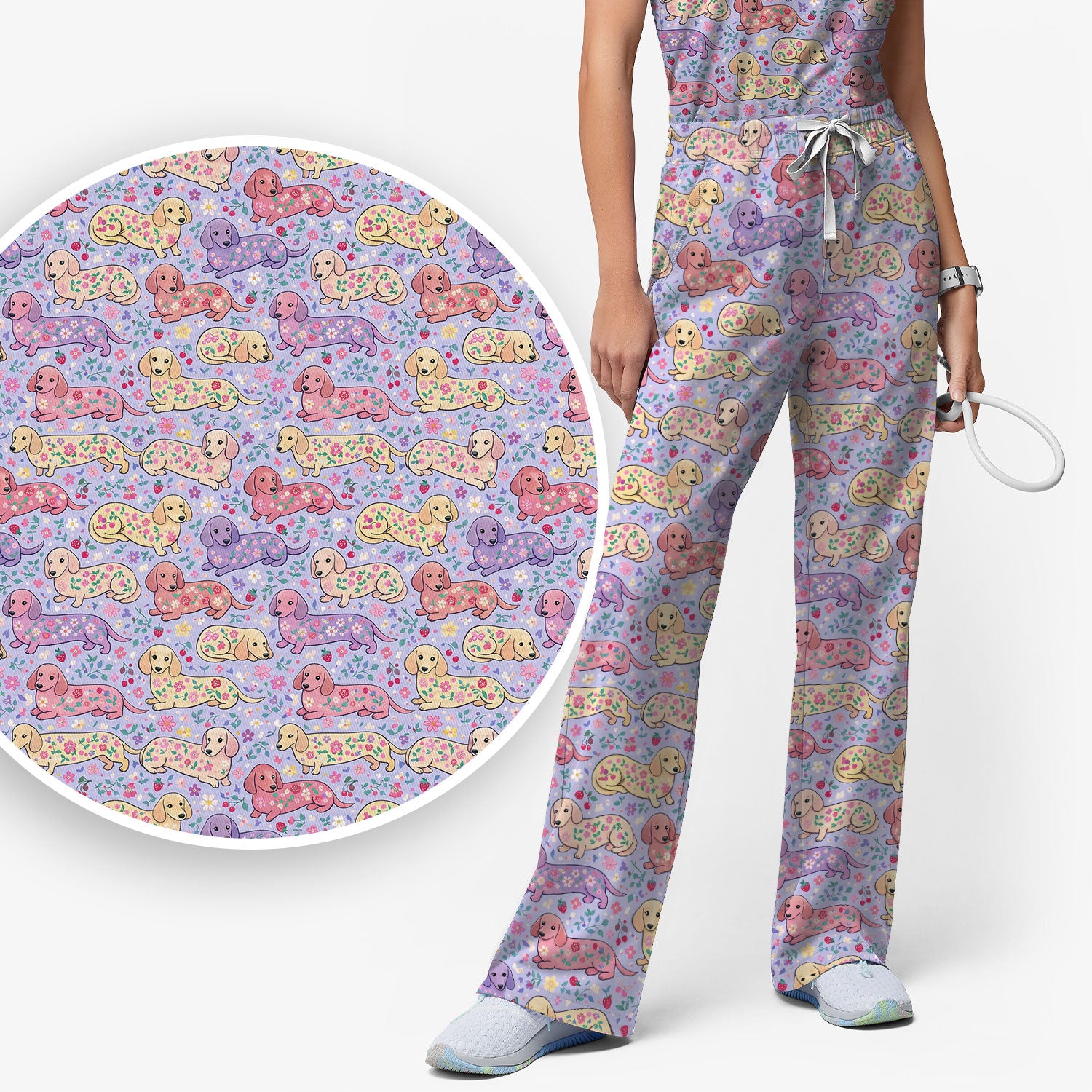 Cute Dachshund Floral Pattern Scrub Set, Scrub Pants and V Neck Top