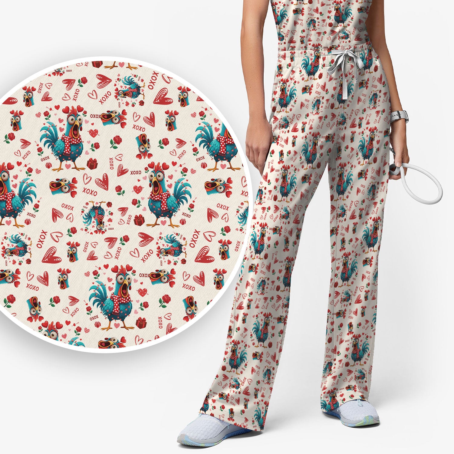 Funny Rooster Valentine Scrub Set, Cute Chicken XOXO Heart Pattern Nurse Shirt, Breathable Fabrics Nursing Uniform