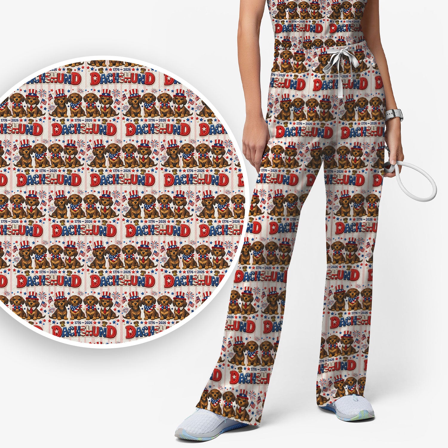 Patriotic Dachshund Fireworks Pattern Scrub Set, Scrub Pants and V Neck Top