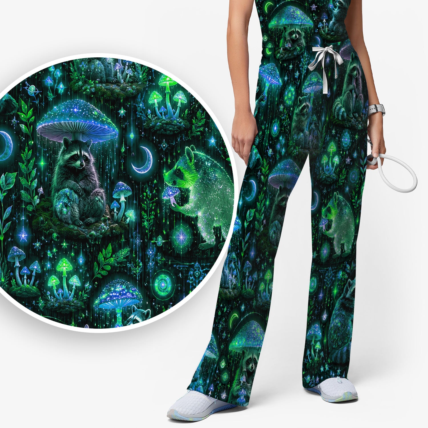 Glowing Raccoon Forest Pattern Scrub Set, Scrub Pants and V Neck Top