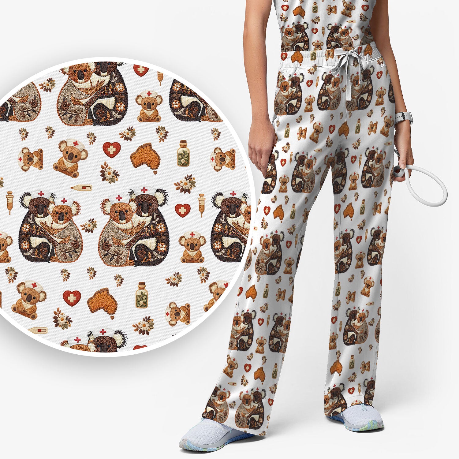 Cute Cartoon Koala Valentine Nurse Design Scrub Set, Breathable Med Uniform