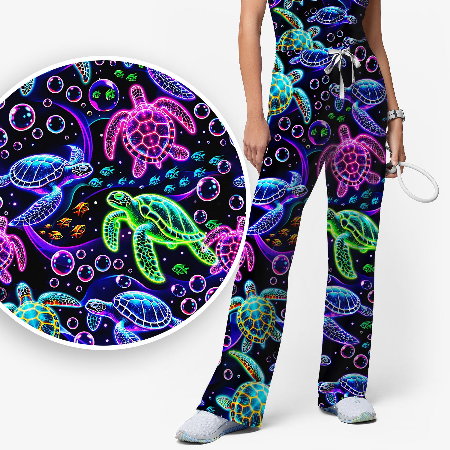 Neon Sea Turtle Swimming Bubble Ocean Scrub Set, Scrub Pants and V Neck Top