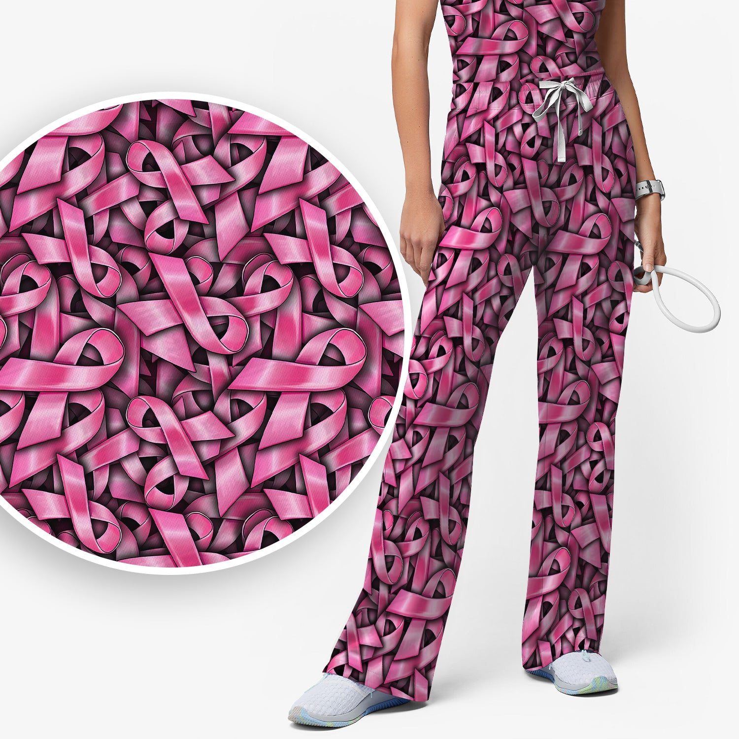 Breast Cancer Awareness Ribbon Oncology Scrub Set, Scrub Pants and V Neck Top