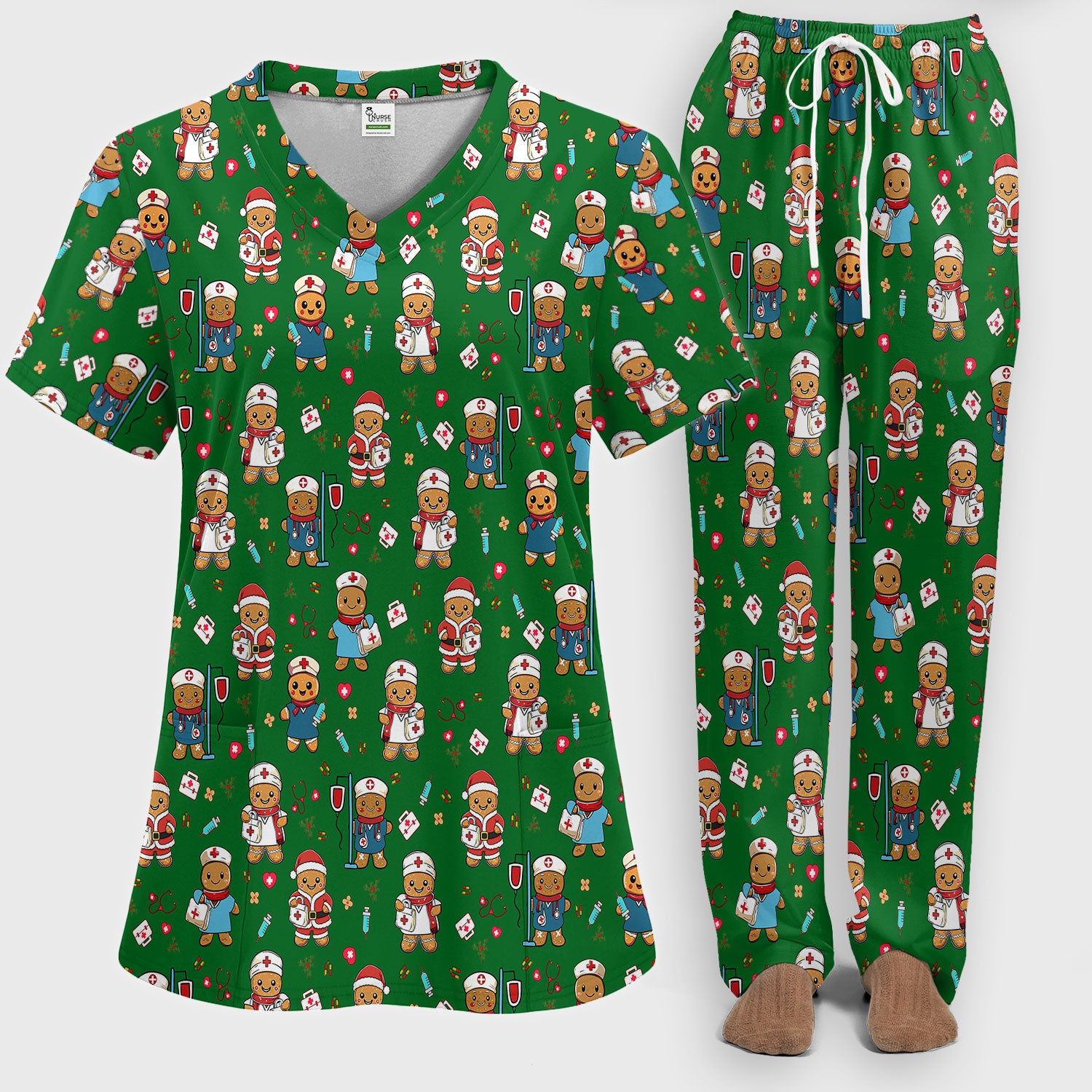 Gingerbread with Santa Nurse Scrub Set - Santa’s Favorite Nurse Holiday Gift - Medical Uniform for RN LPN CNA - Funny Xmas Ugly Sweater