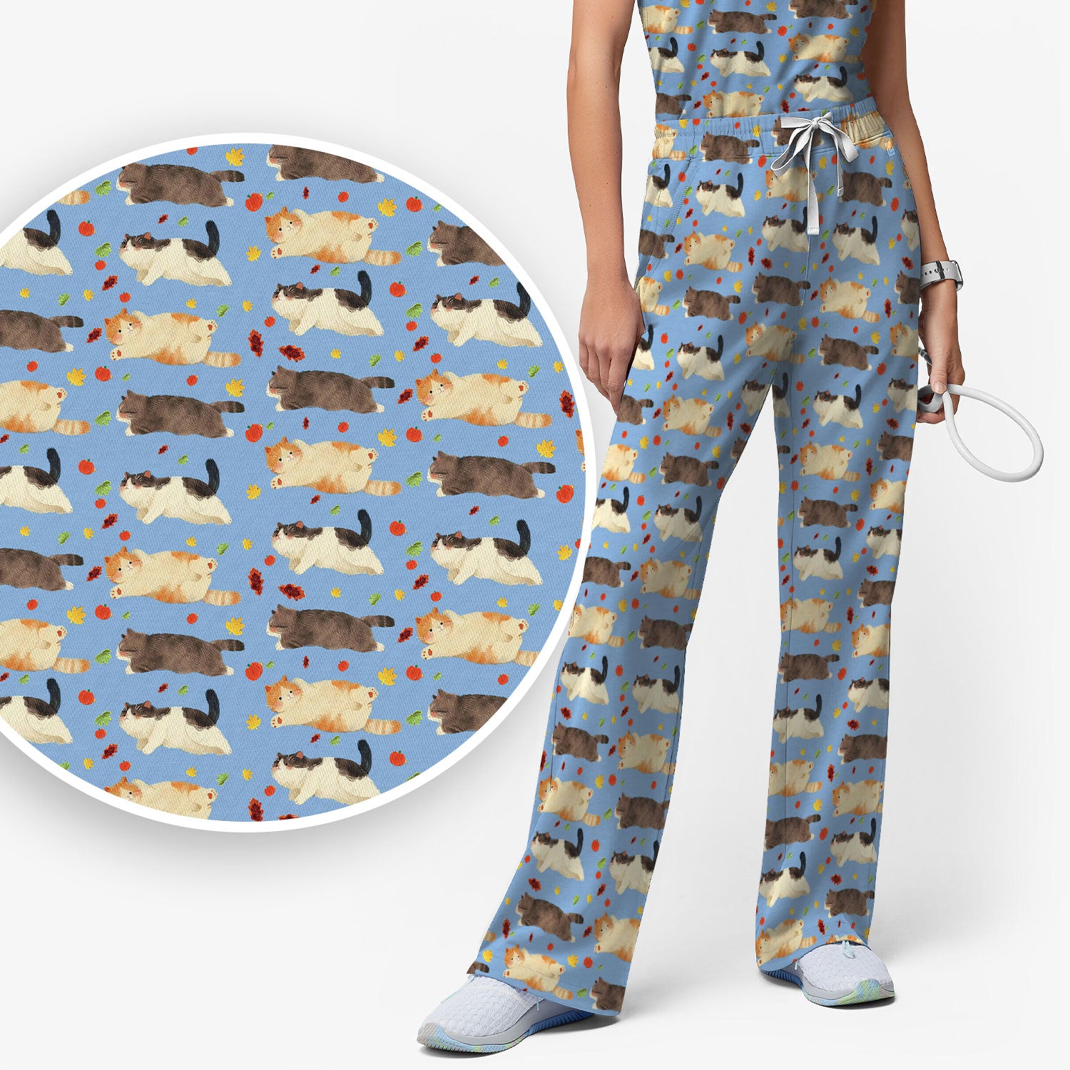 Chubby Cat Autumn Leaves Print Scrub Set, Breathable Med Uniform