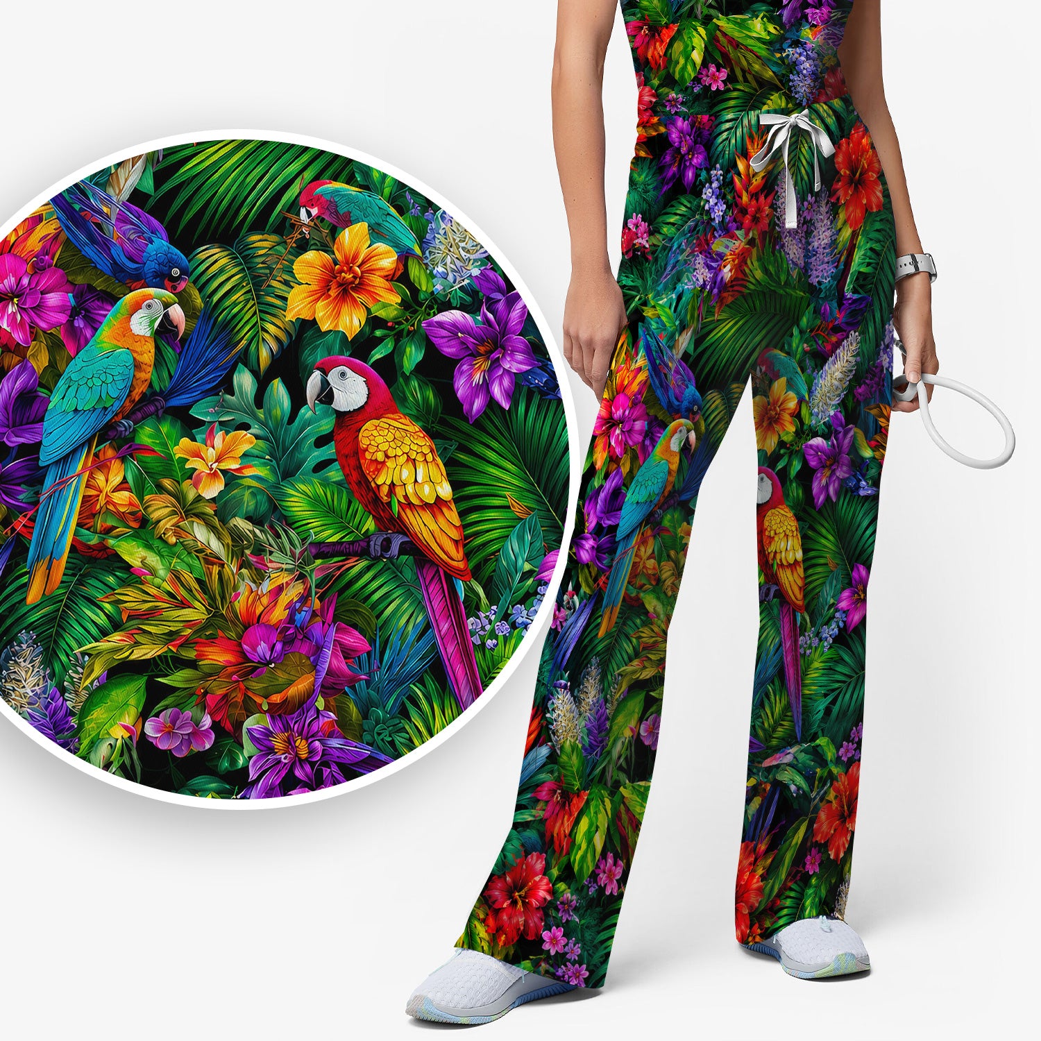 Tropical Parrot Jungle Blossom Pattern Scrub Set, Scrub Pants and V Neck Top