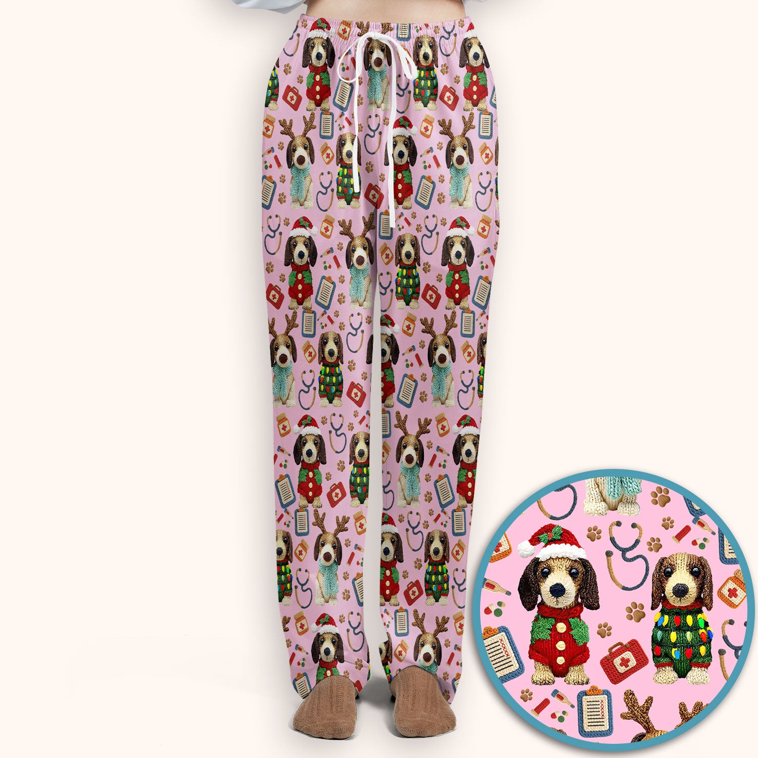 Christmas Wiener Dog Scrubs Set for Women - Cute Dachshund Christmas Scrub Pants and V Neck Top - Puppy Lover Medical Uniform Gift
