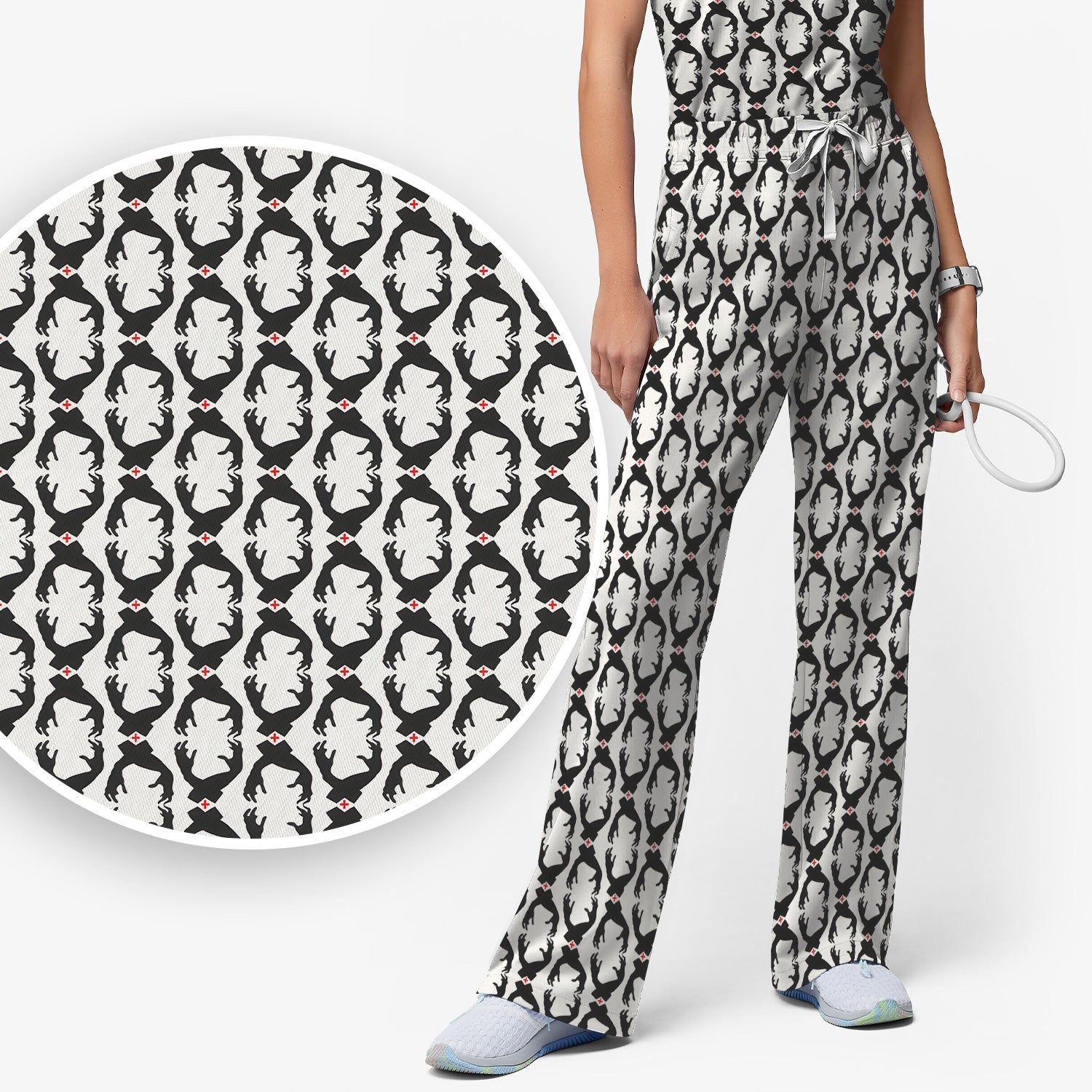 Creepy Hands Black White Red Patterns Scrub Set, Scrub Pants and V Neck Top
