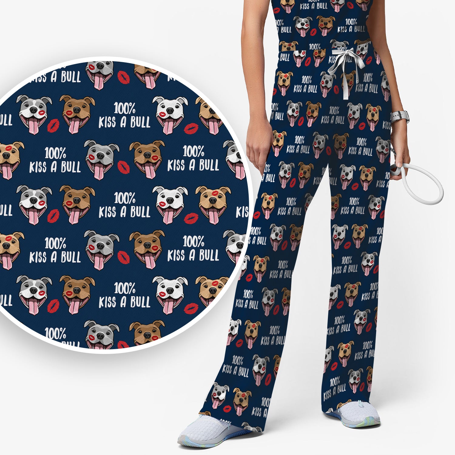 Kiss A Bull Pitbull Print Scrub Set, Scrub Pants and V Neck Top