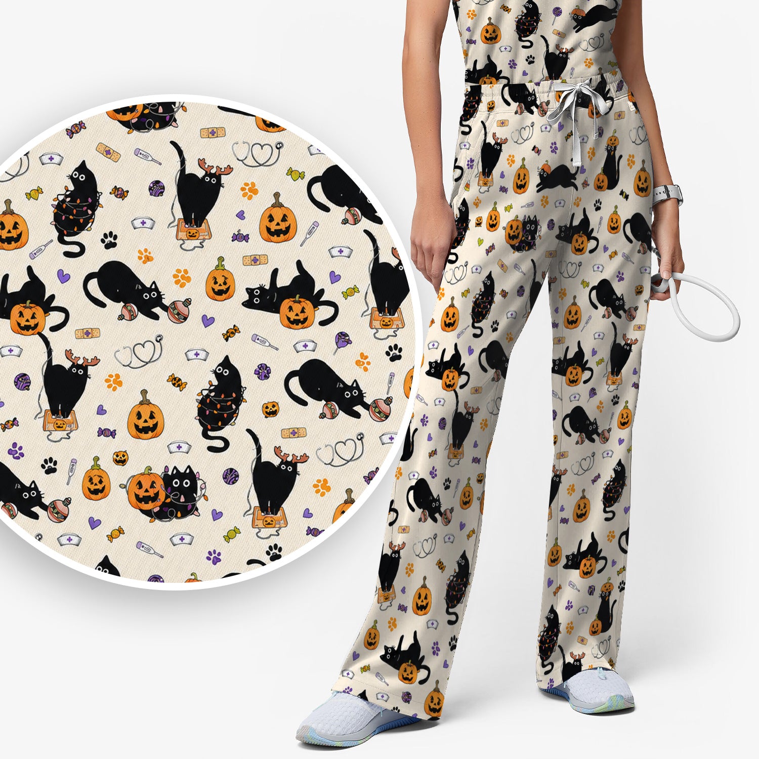 Pumpkin Black Cat Pattern Scrub Set, Scrub Pants and V Neck Top