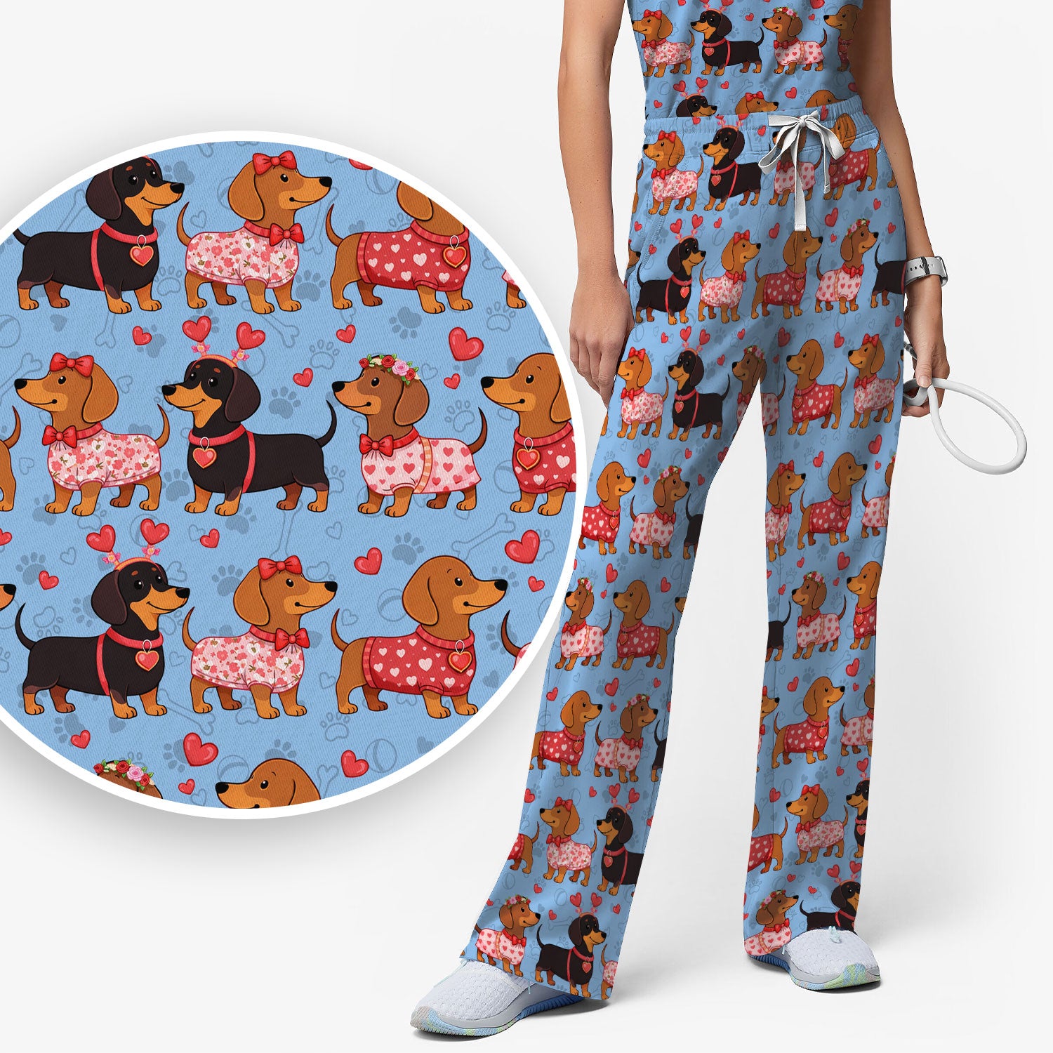 Valentine Dachshund Scrub Top, Wiener Dog Love Pattern Nurse Shirt, Breathable Fabrics Nursing Uniform