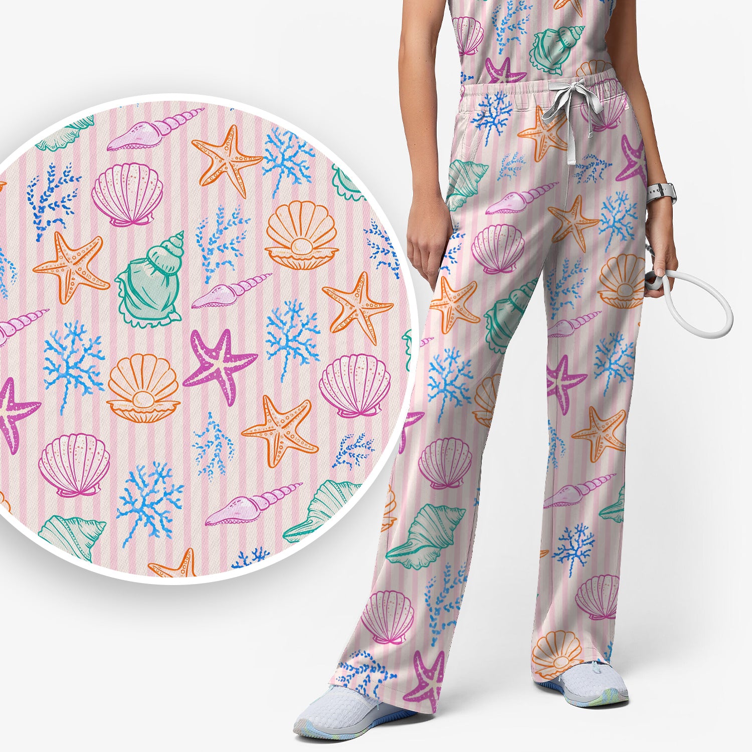 Colorful Seashell Starfish Ocean Stripe Pattern Scrub Set, Women's Scrub Sets