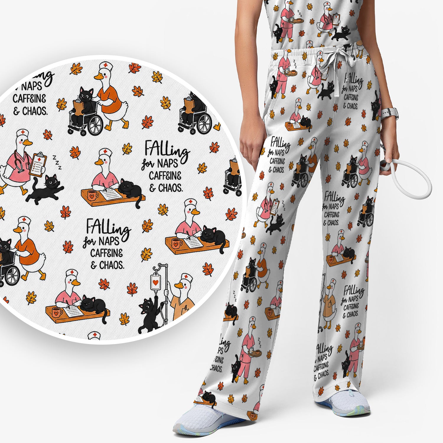 Funny Fall Nurse Goose And Black Cat Scrub Set, Scrub Pants and V Neck Top