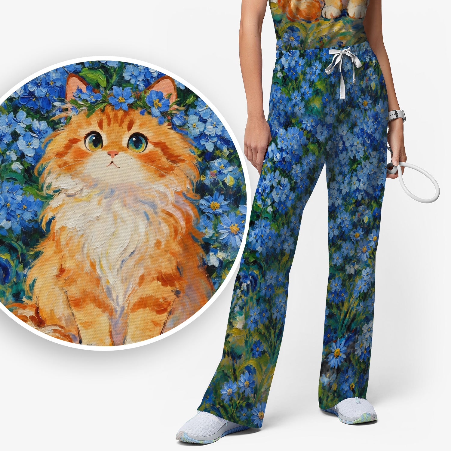 Cute Blue Floral Cat Nurse for Pediatric Nurses, RN, CNA, Pet Lover Medical Scrub Set, Scrub Pants and V Neck Top