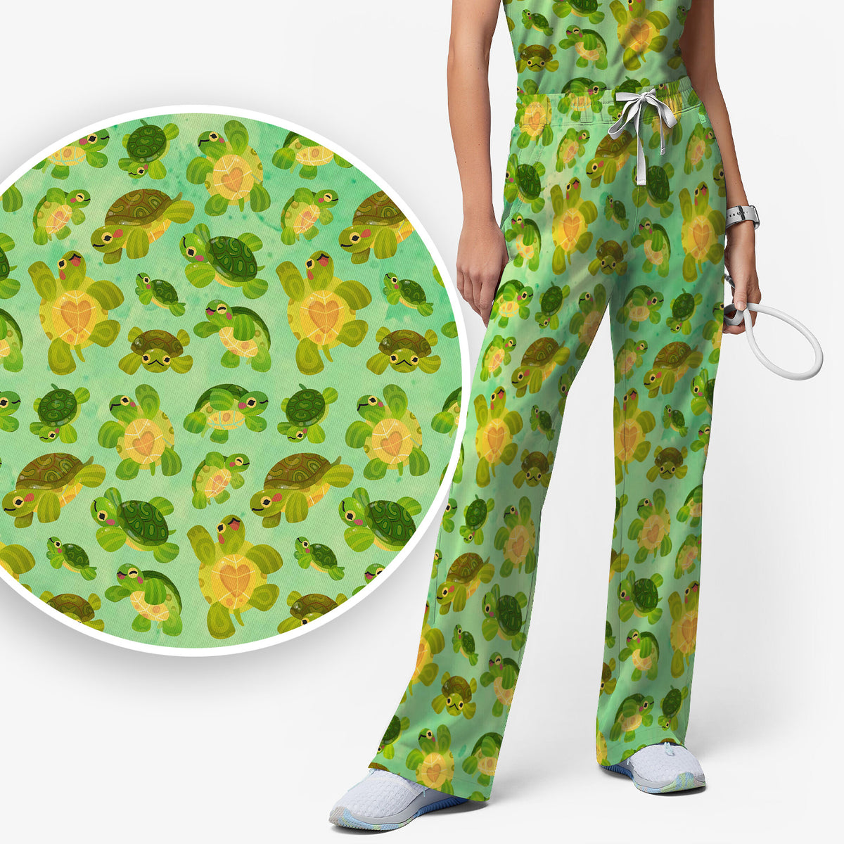 Cute Green Sea Turtle Pattern Scrubs Sets, Breathable Med Uniform