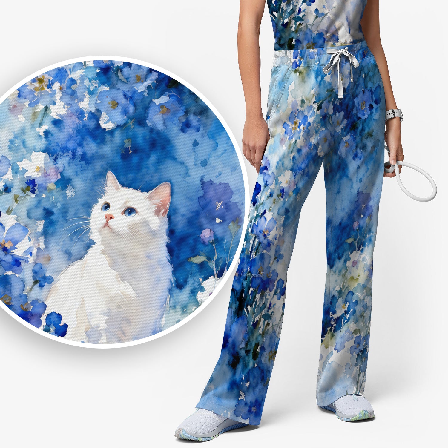 Adorable Blue Floral White Cat Pattern Scrub Set, Scrub Pants and V Neck Top