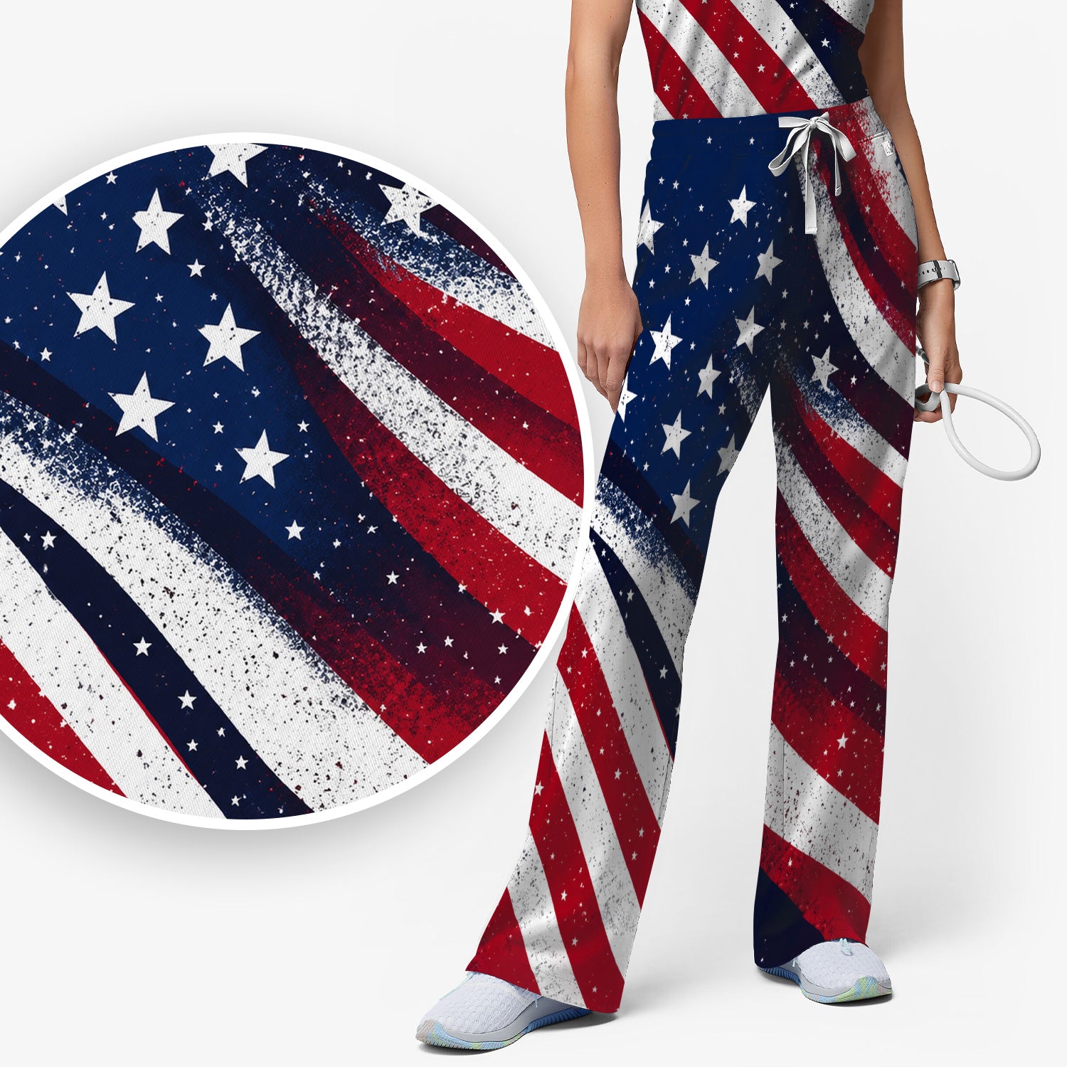Festive American Flag Stars Pattern Scrub Set, Scrub Pants and V Neck Top
