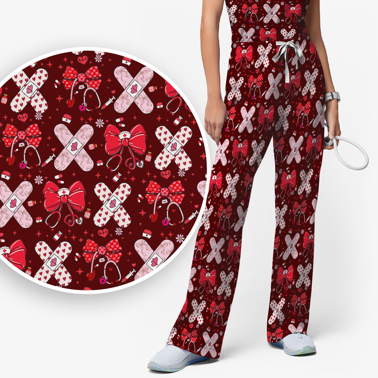 Valentine Nurse Scrub Set, Red Bow And Heart Bandage Pattern Medical Shirt, Breathable Fabrics Nursing Uniform