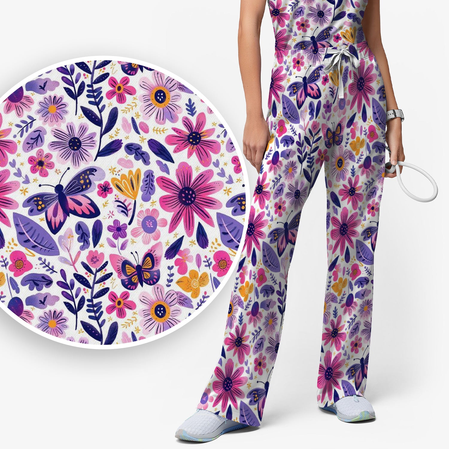 Cute Butterfly Wildflower Garden Pattern Scrub Set, Scrub Pants and V Neck Top