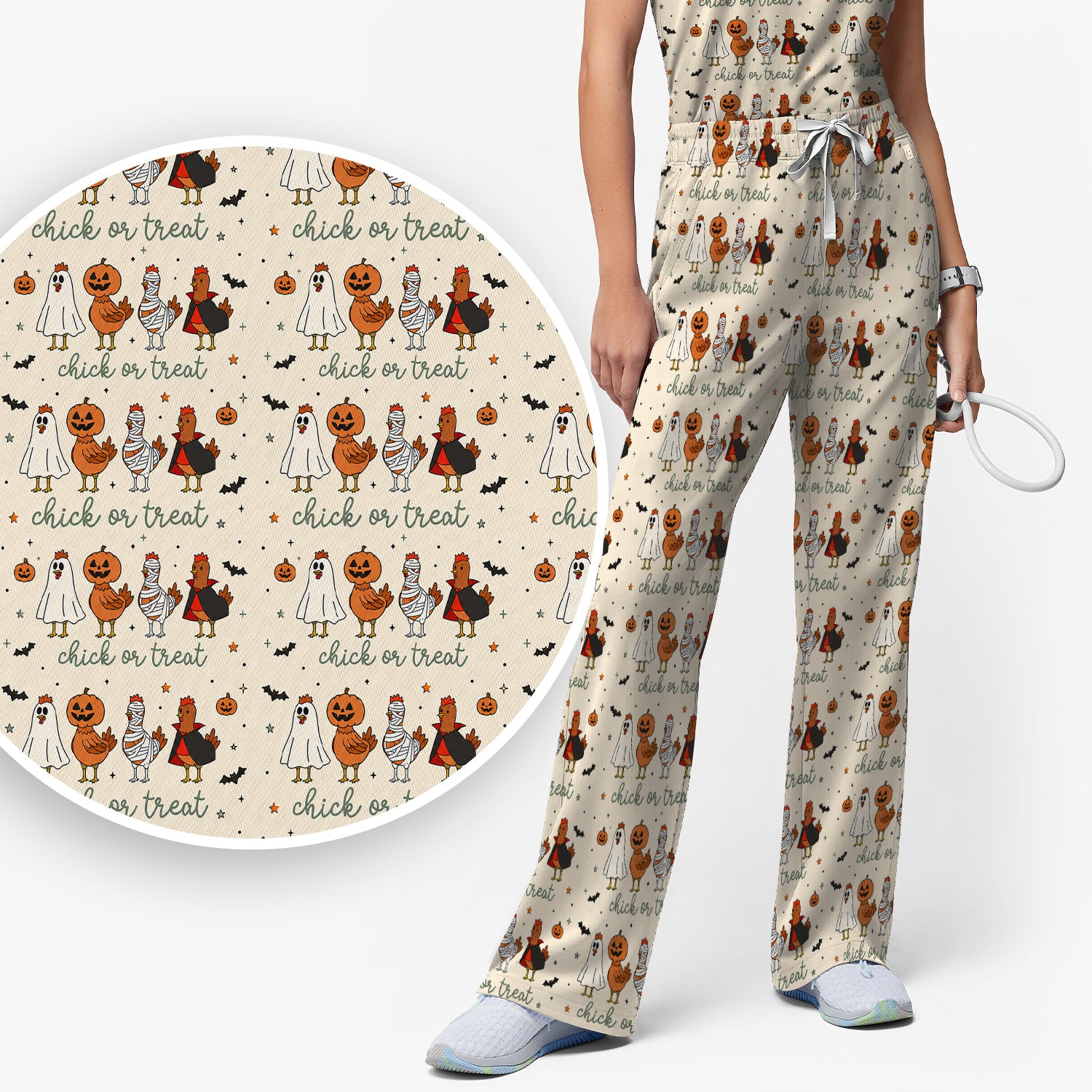 Funny Chick Or Treat Season Scrub Set, Scrub Pants and V Neck Top