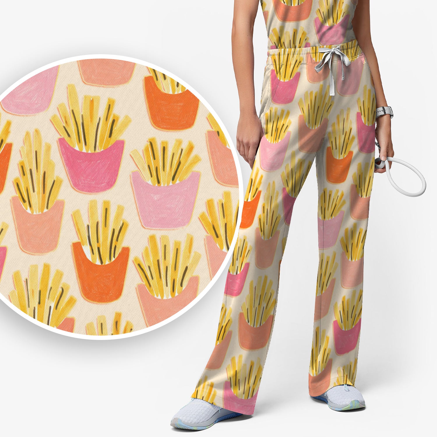 Funny French Fries Snack Food Pattern Scrub Set, Breathable Med Uniform