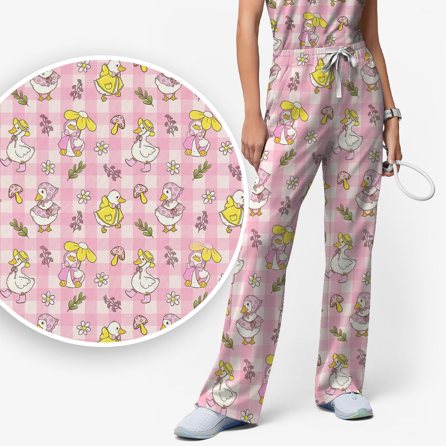 Cute Duck Outfit Gingham Pattern Scrub Set, Scrub Pants and V Neck Top