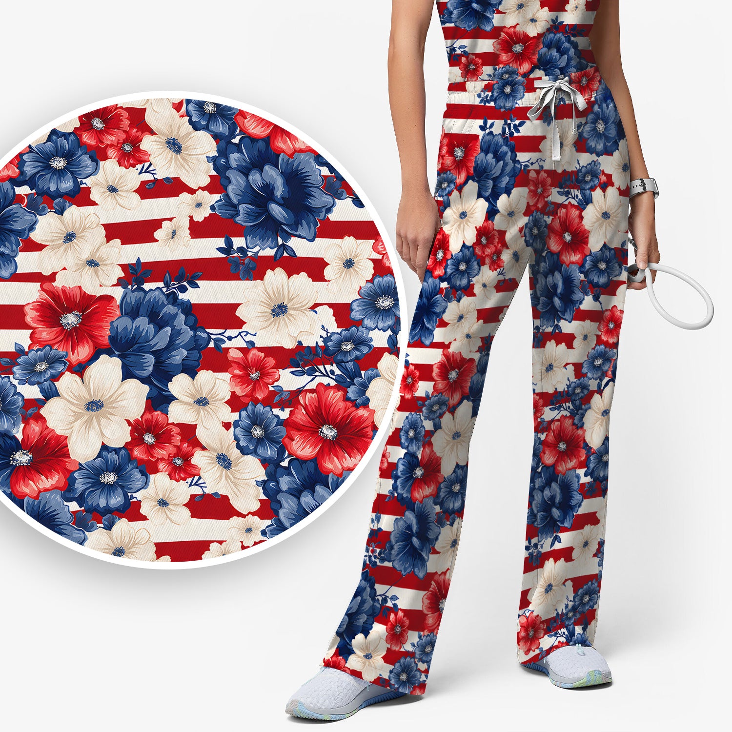 Patriotic Floral Nurse for RN & CNA, American Flag Healthcare Workers Medical Uniform Scrub Set, Scrub Pants and V Neck Top