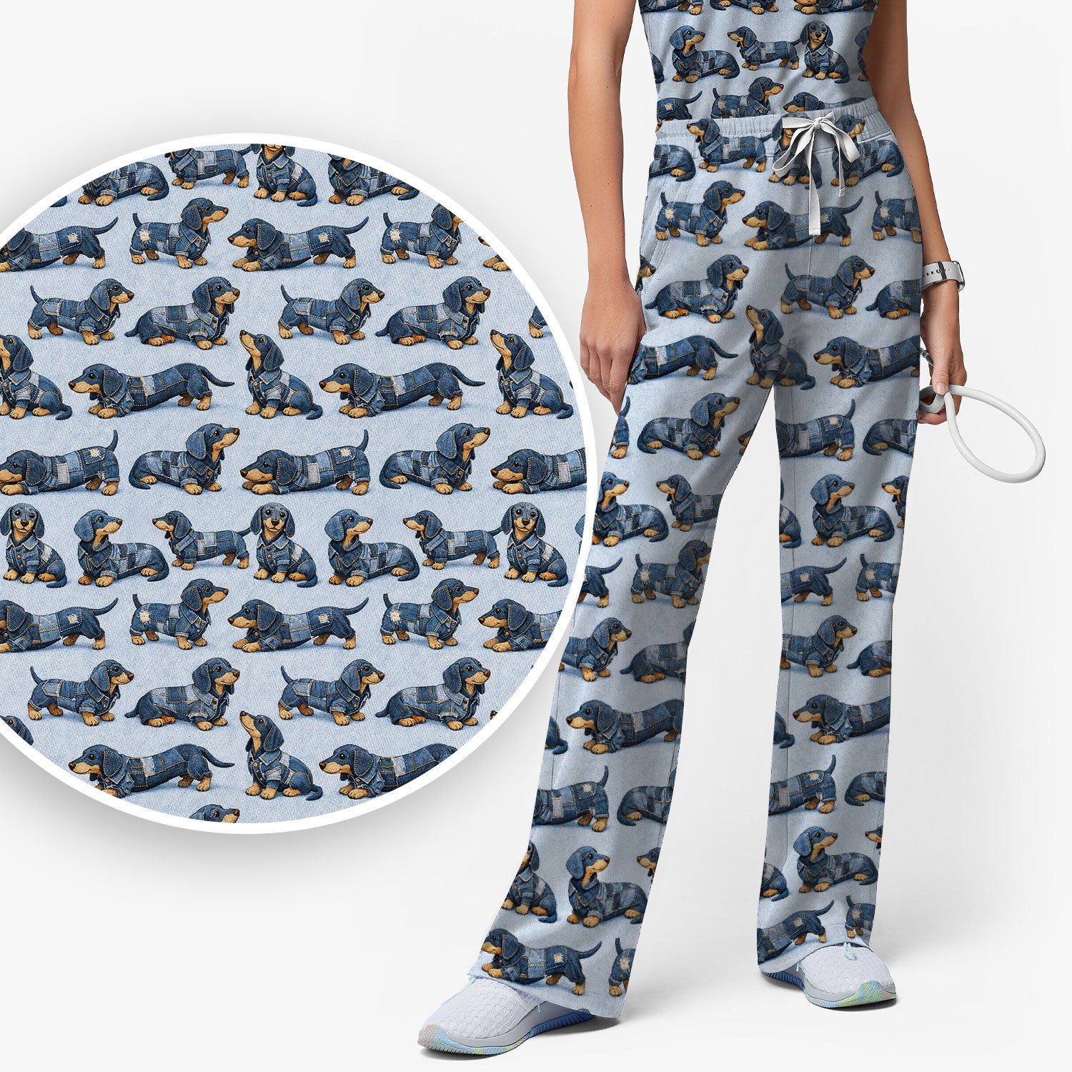 Denim Dachshund Dog Pattern Scrub Set, Women's Scrub Sets