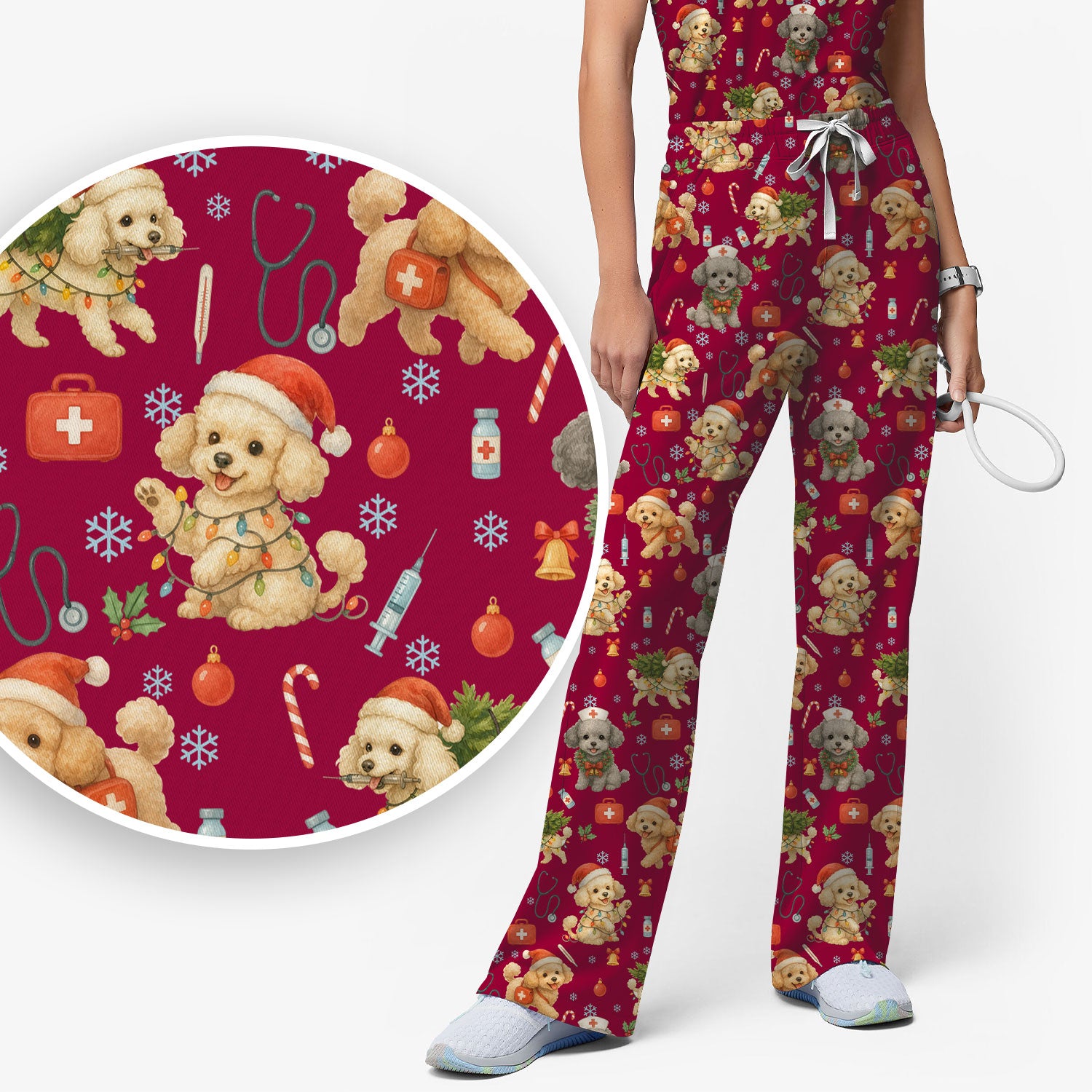 Christmas Dog Nurse Scrub Set for Women - Cute Puppy Pattern Scrub Top and Pants - Funny Holiday Nursing Outfit Gift for RN LPN CNA