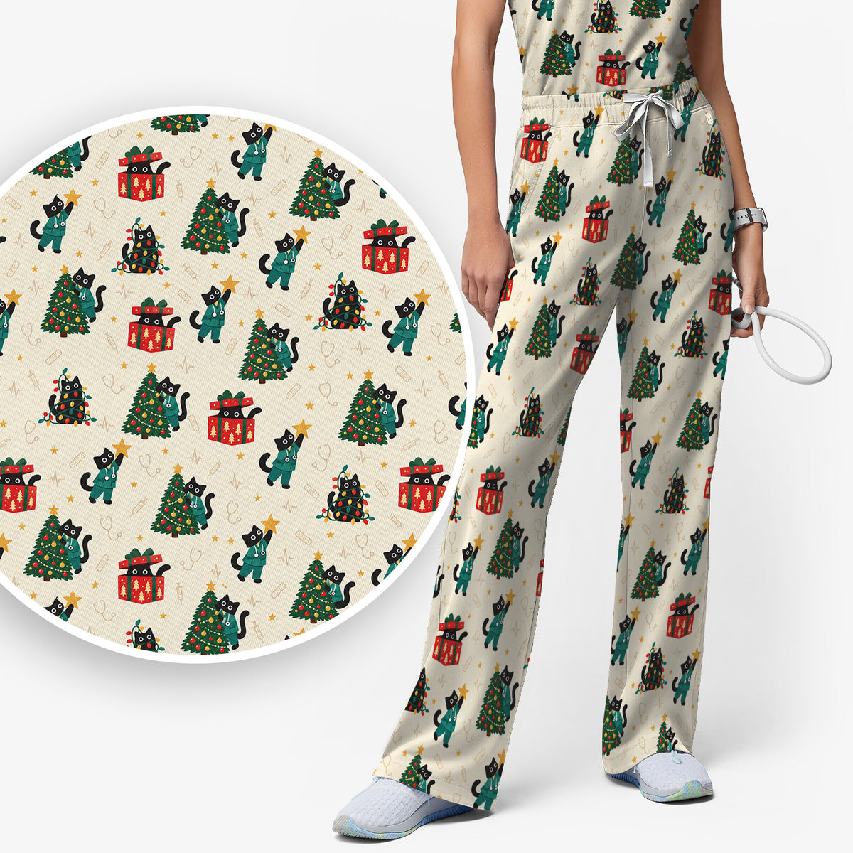 Christmas Black Nurse Cats And Trees Scrub Set, Scrub Pants and V Neck Top