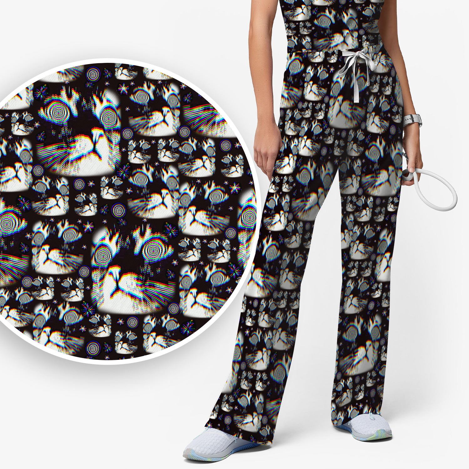 Funny Cosmic Cat Eye Spiral Pattern Scrub Set, Scrub Pants and V Neck Top