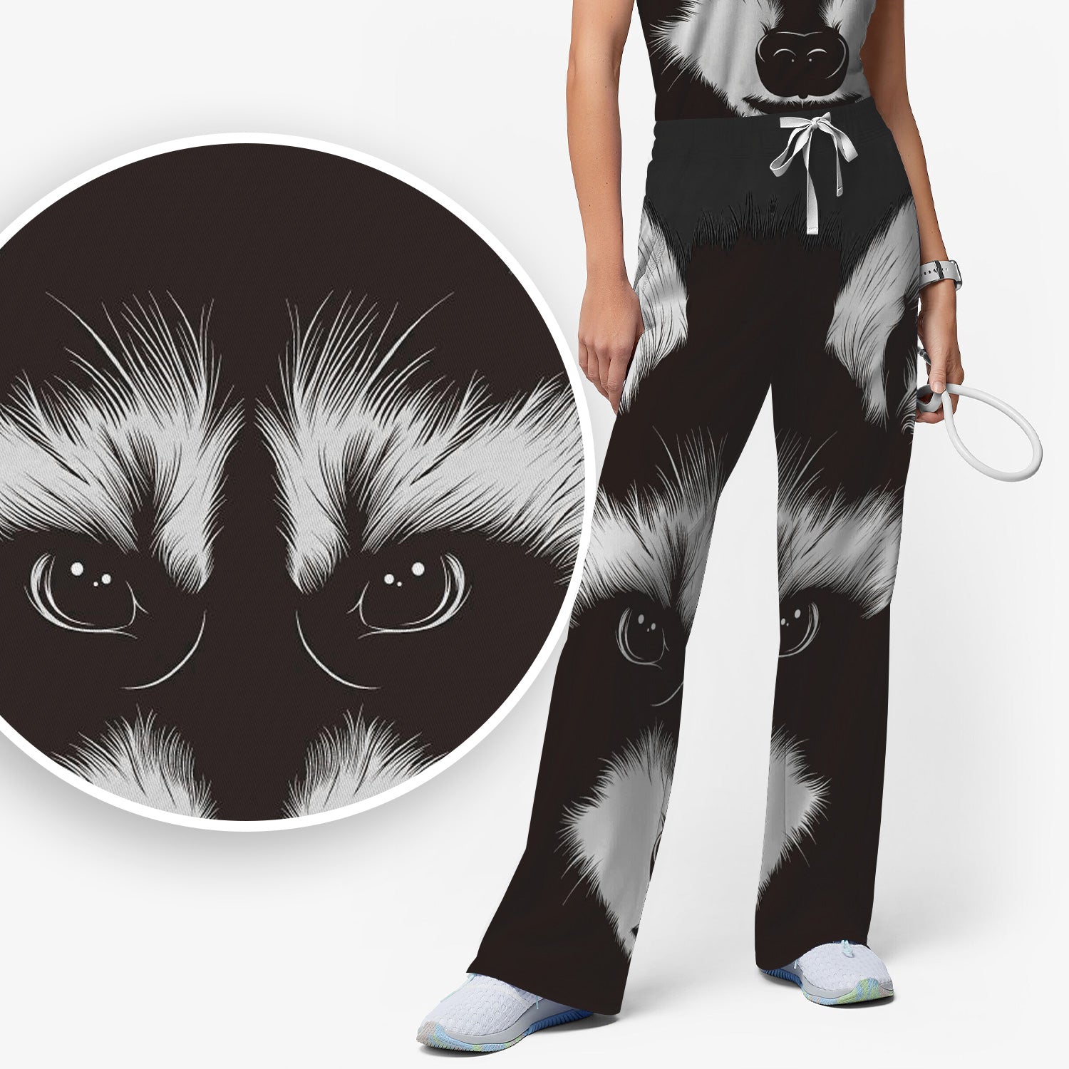Black White Raccoon Face Pattern Scrub Set, Scrub Pants and V Neck Top