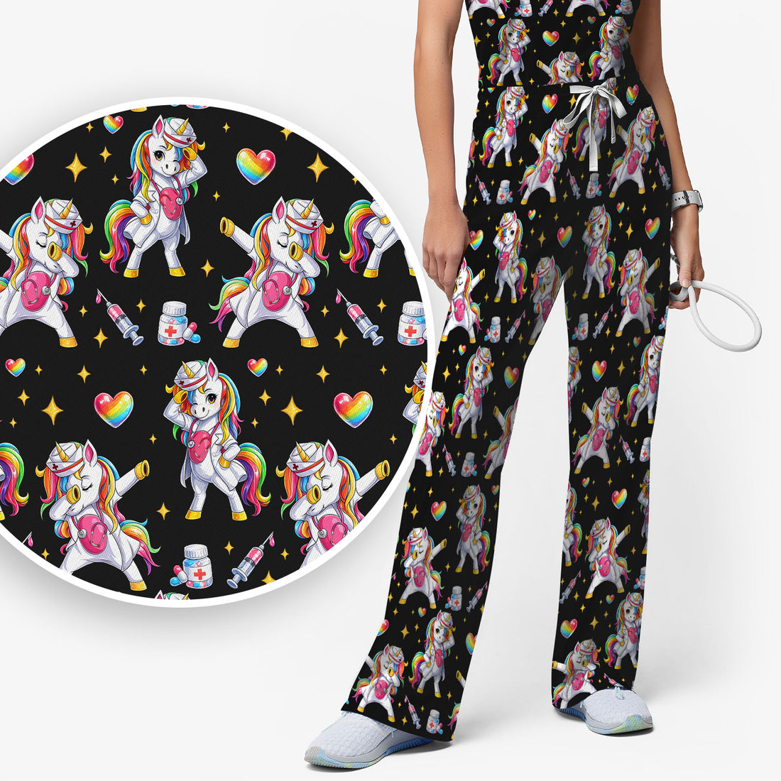 Playful Nurse Unicorn Rainbow Pattern Scrub Set, Breathable Med Uniform