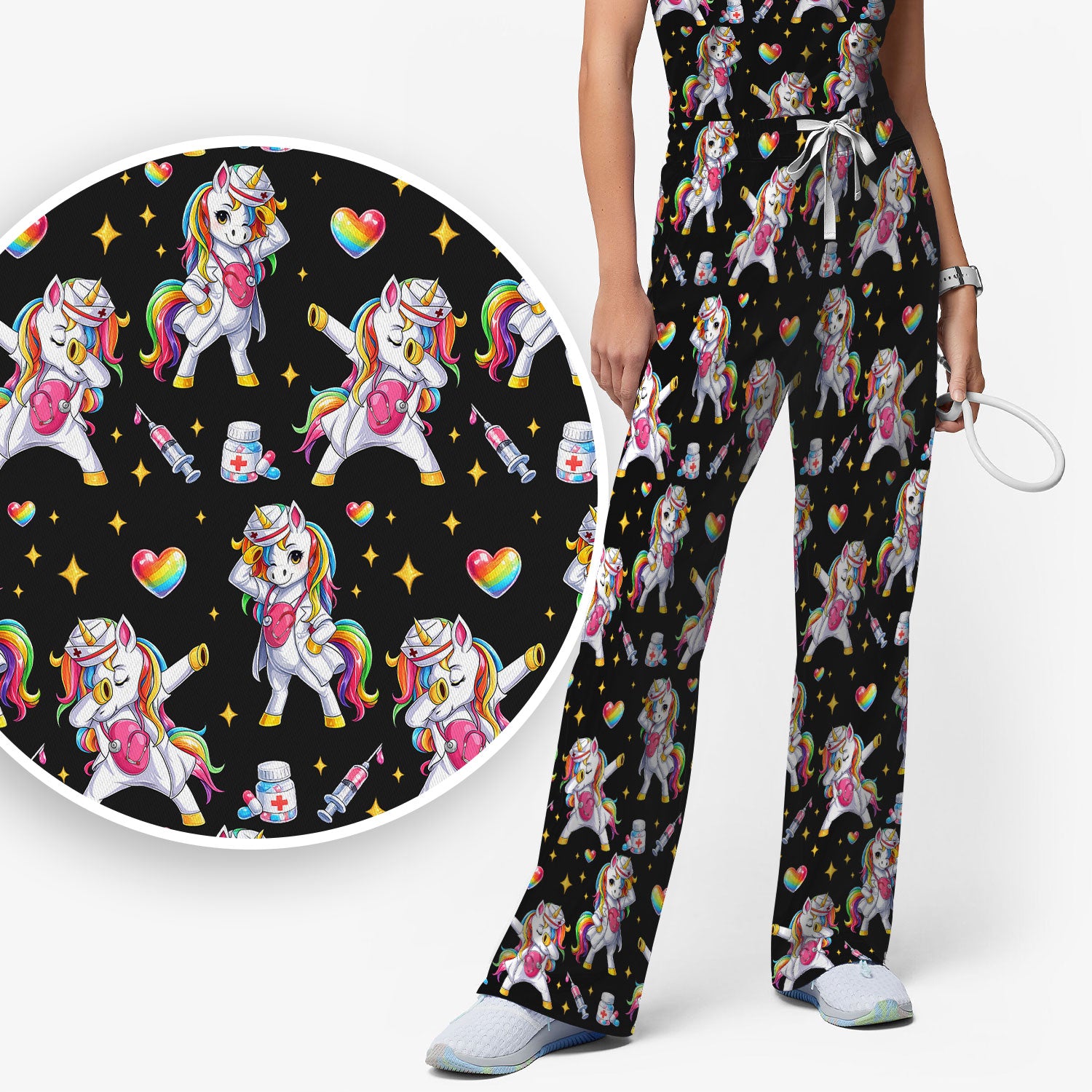 Playful Nurse Unicorn Rainbow Pattern Scrub Set, Breathable Med Uniform