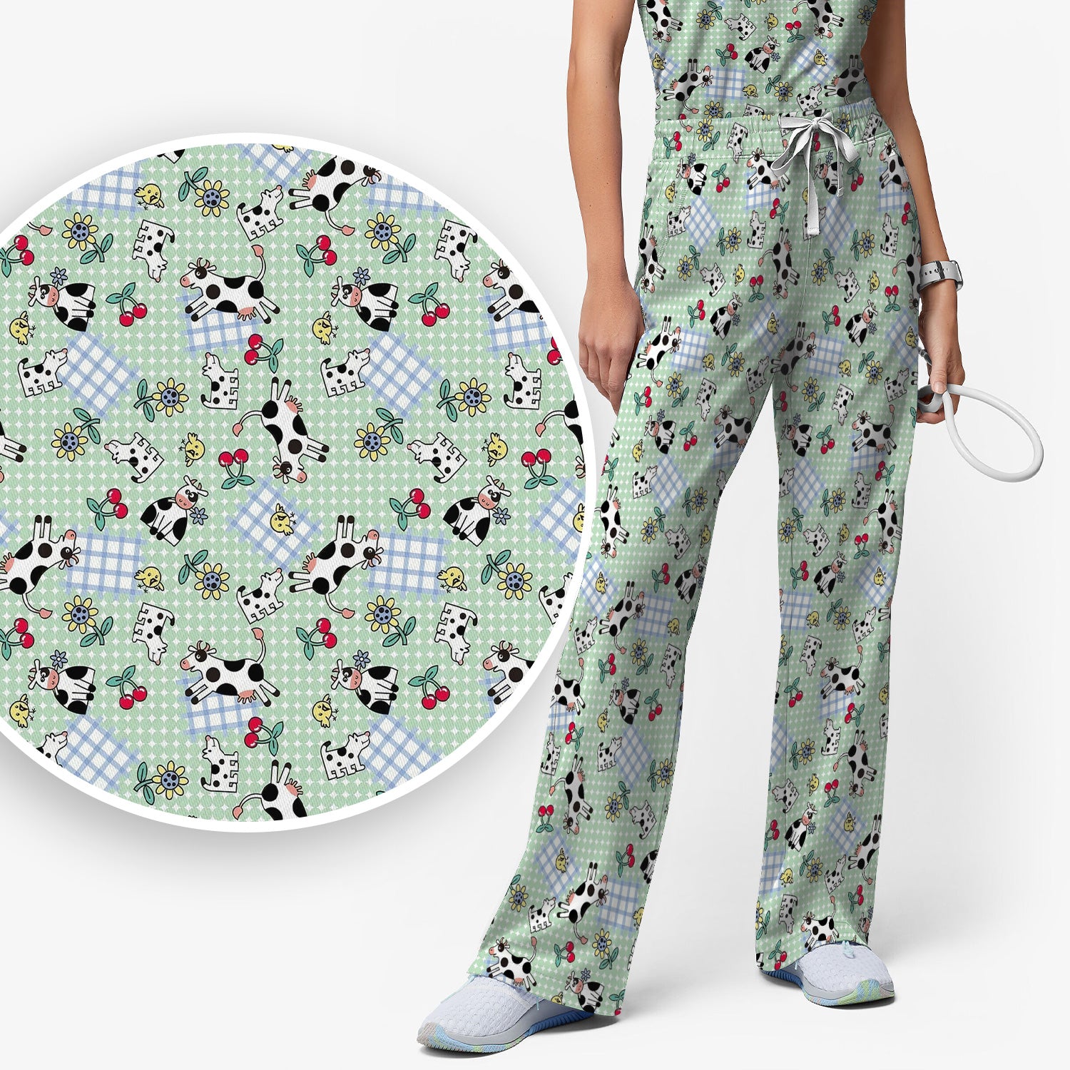 Cute Cow Cherry Farm Garden Pattern Nurse Scrub Set, Scrub Pants and V Neck Top