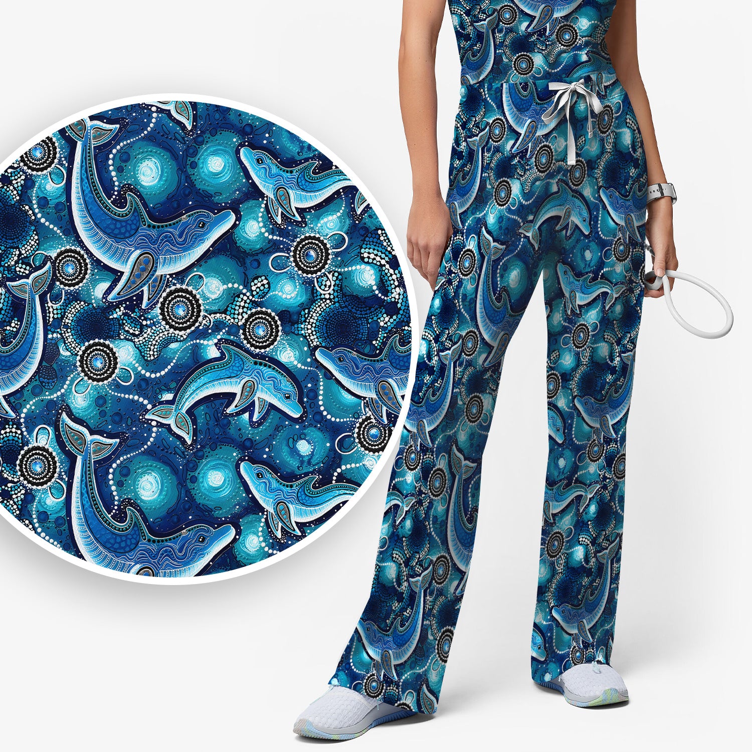 Ocean Dolphin Aboriginal Dot Print Scrub Set, Scrub Pants and V Neck Top