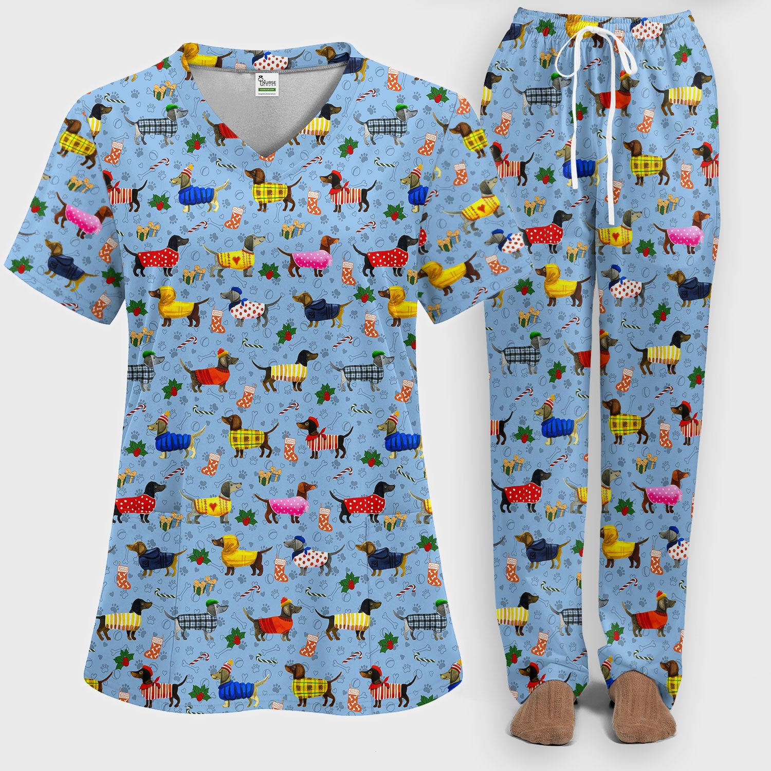 Funny Wiener Dog Scrub Set - Dachshund Paw Prints Nurse Uniform - Comfortable Nursing Pants - Holiday Gift for Her