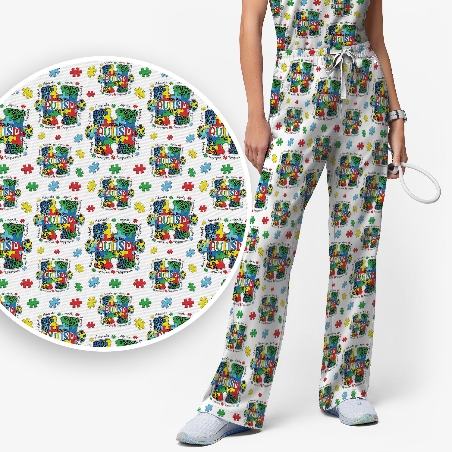 Autism Awareness Puzzle Pattern Scrub Set, Scrub Pants and V Neck Top