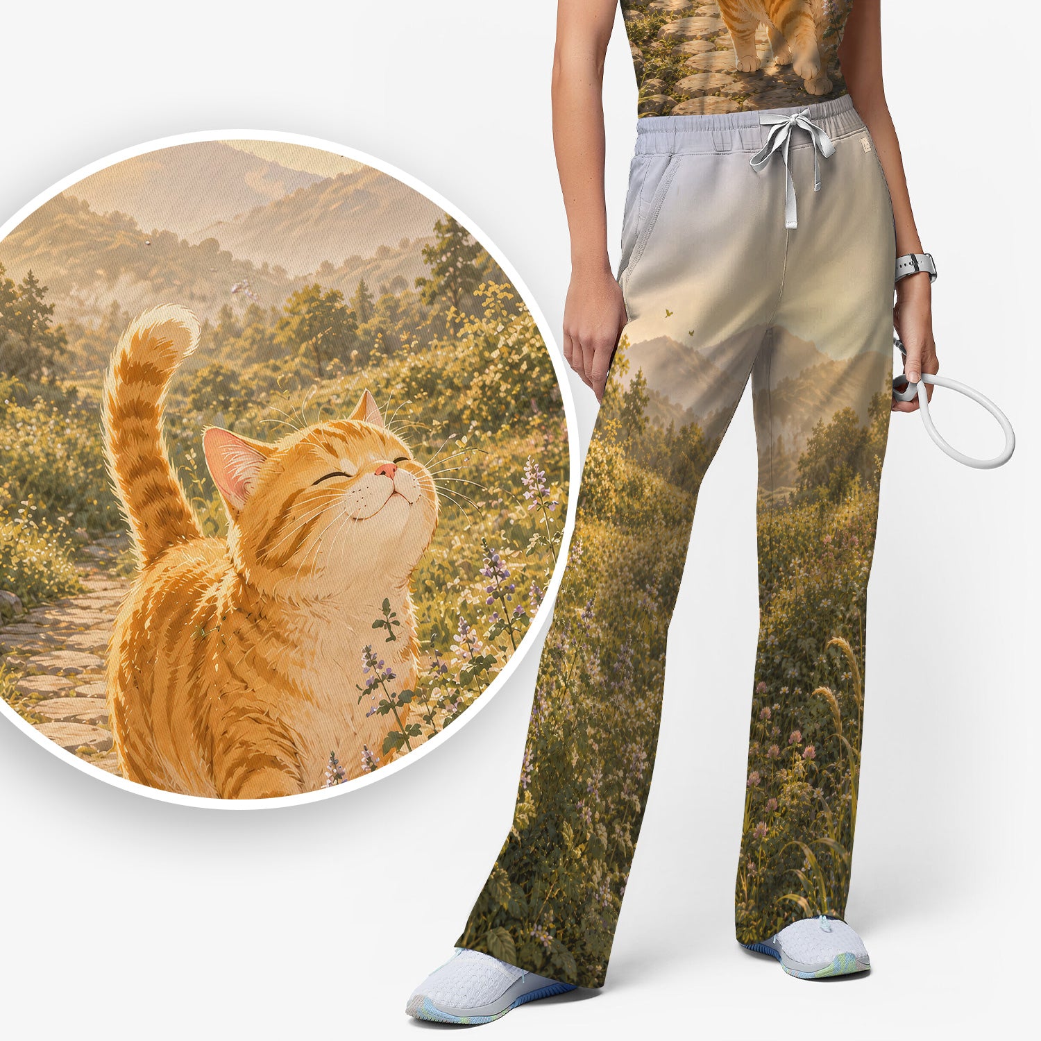Sunny Mountain Cat Nurse, Nature Lover Medical Scrub Set, Scrub Pants and V Neck Top