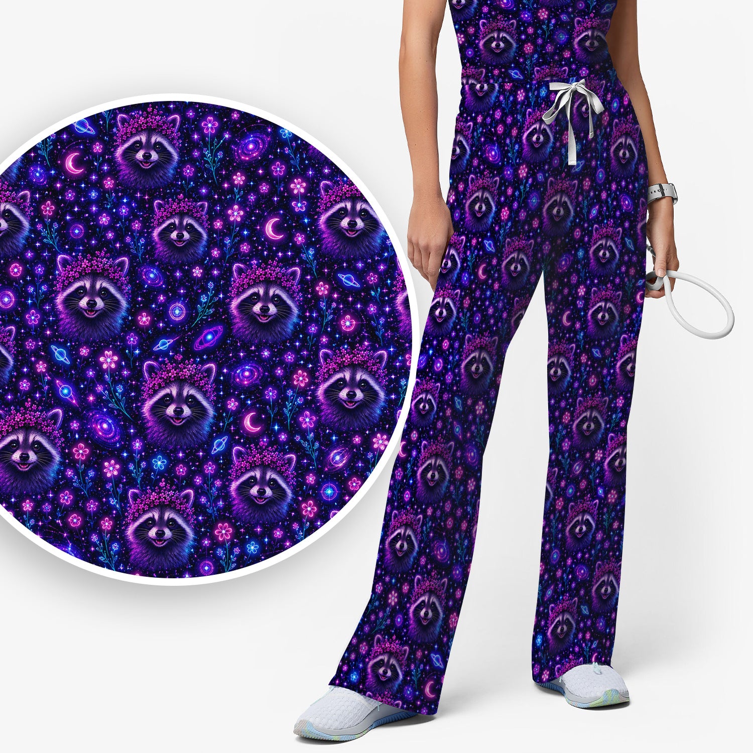 Galaxy Raccoon Nurse Pattern Scrub Set, Scrub Pants and V Neck Top