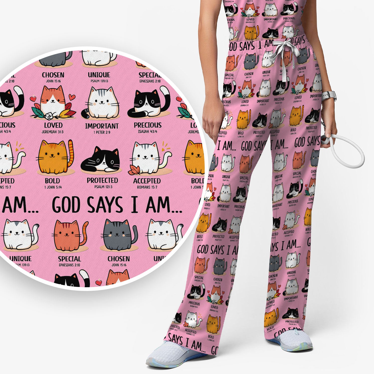 Cute Christian Cat God Says I Am Women's Scrub Set, Breathable Med Uniform