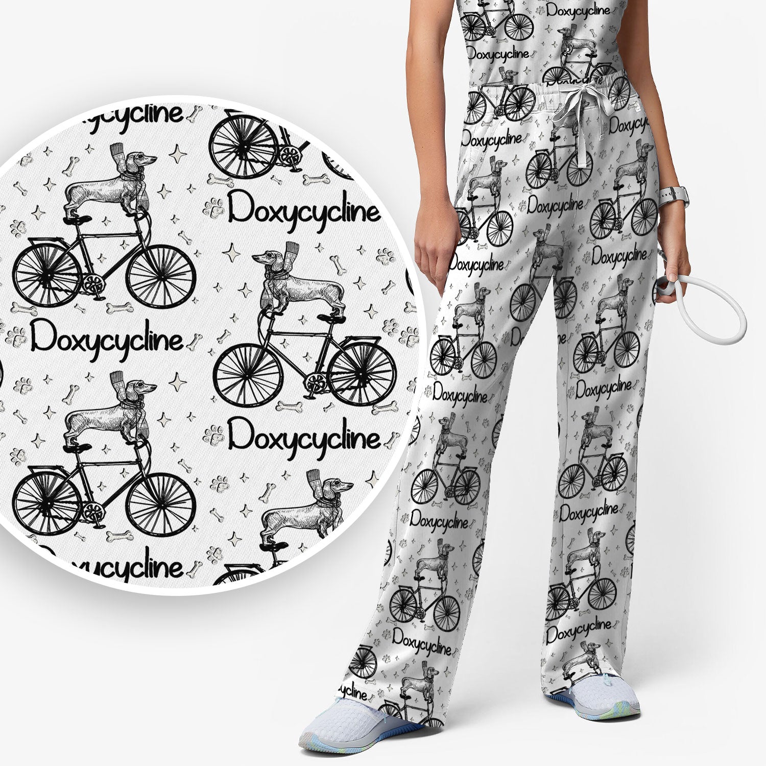 Funny Doxycycline Dog Bicycle Print Scrub Set, Scrub Pants and V Neck Top