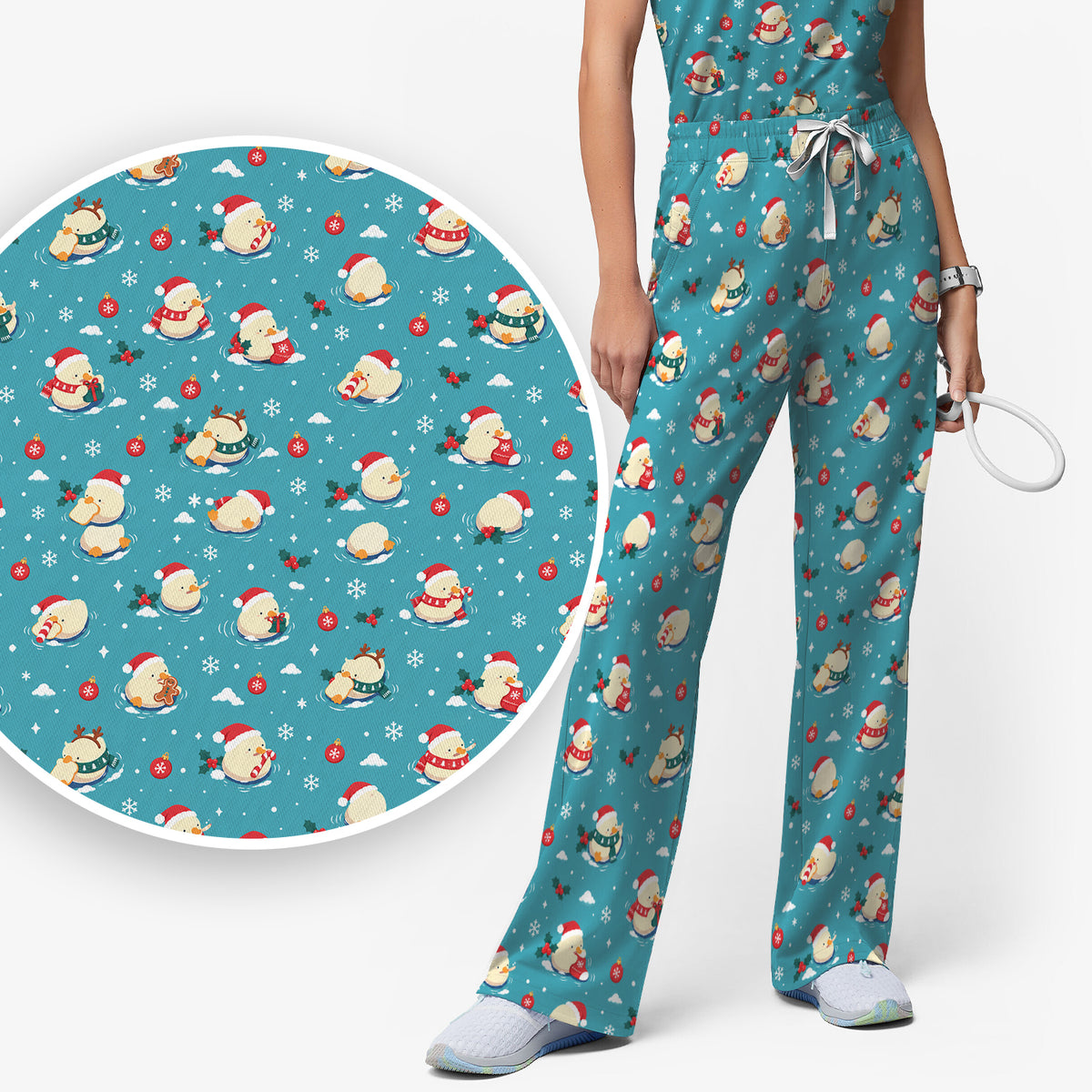 Christmas Ducks In Santa Hats Scrub Set, Scrub Pants and V Neck Top