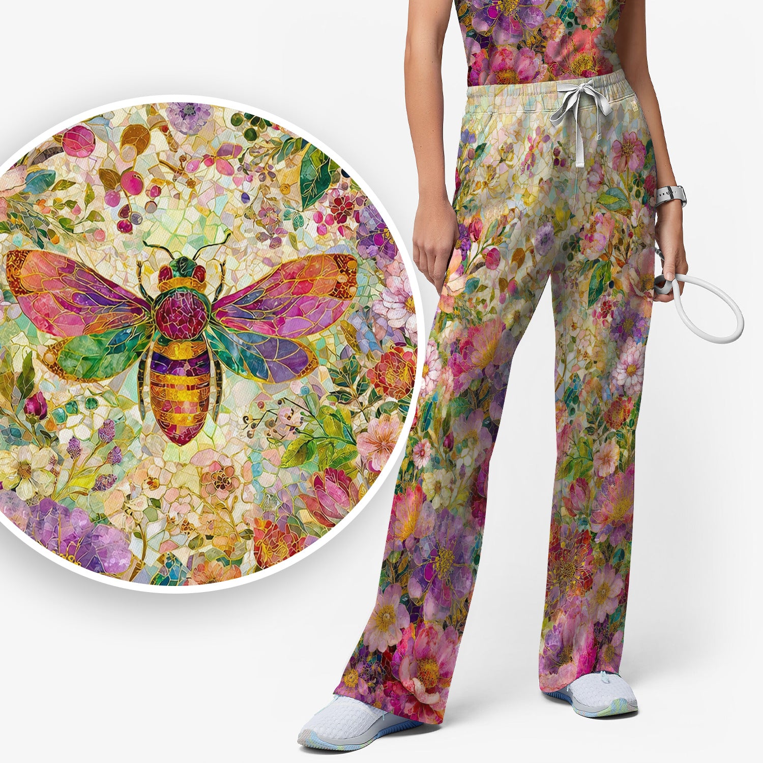 Vibrant Mosaic Bee Nurse for RN, CNA, Floral Garden Medical Scrub Set, Scrub Pants and V Neck Top