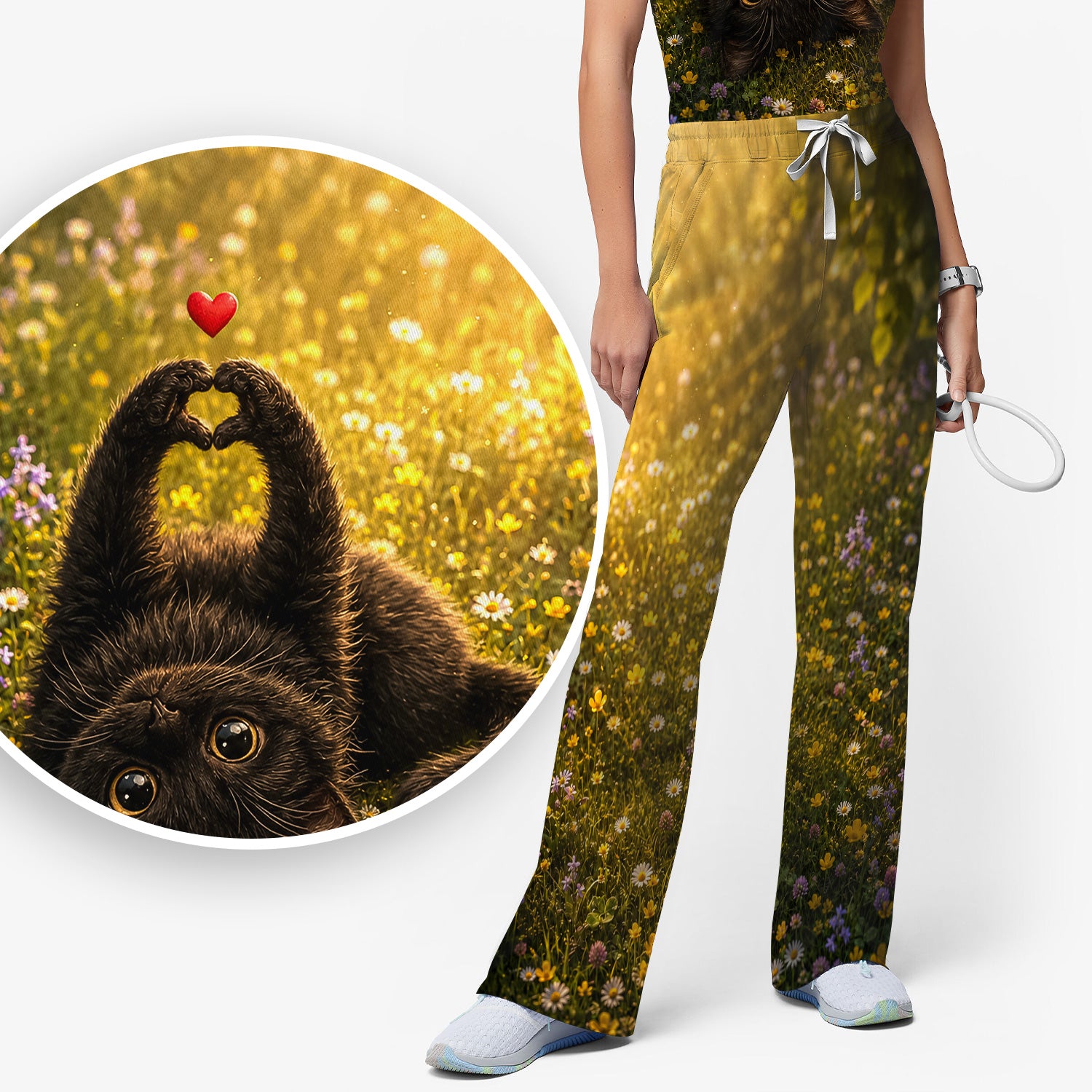 Upside Down Black Cat Meadow Pattern Scrub Set, Scrub Pants and V Neck Top