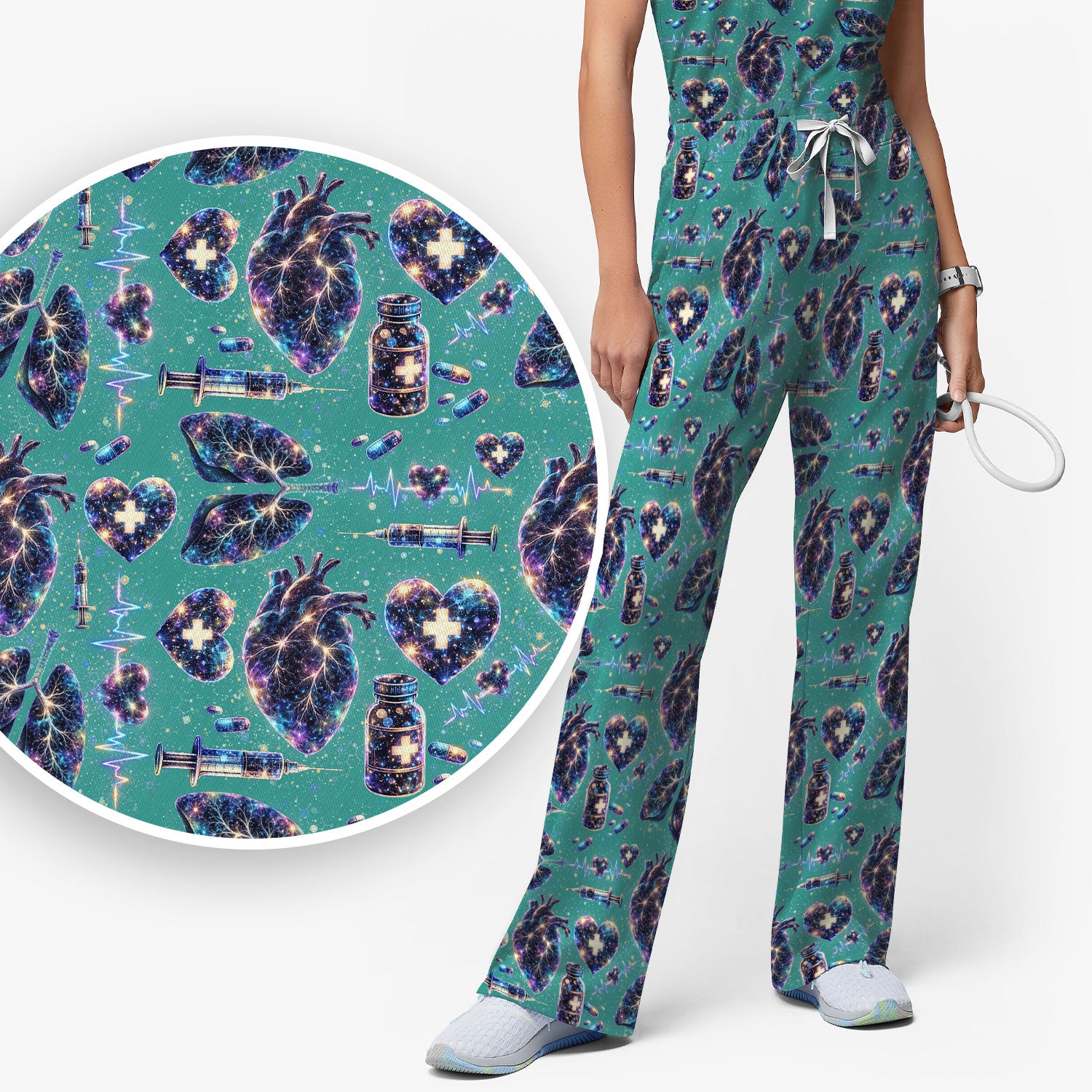 Galaxy Anatomical Heart Lung Syringe Print Scrub Set, Breathable Med Uniform