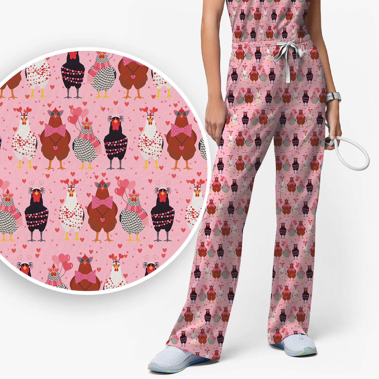 Funny Chicken Valentine Scrub Set, Chicken Pattern Scrub Shirt For Nursing, Valentine Gift For Nurse